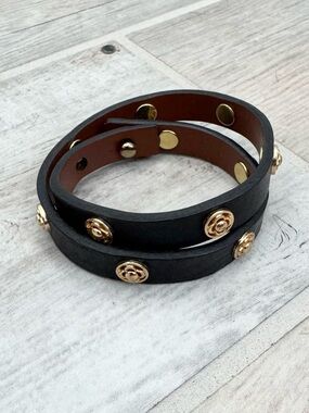 Stella & Dot Black Leather Gold Accents Double Wrap Bracelet